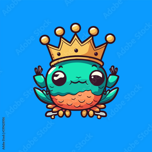 A crab wearing a crown, a cute mascot for an animal with two worlds, with a flat cartoon design. Suitable for book design, cards, presentations © mafxblue