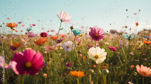 cosmos flowers fields on spring and summer season, with colorful wild flower and natural sunlight background scene