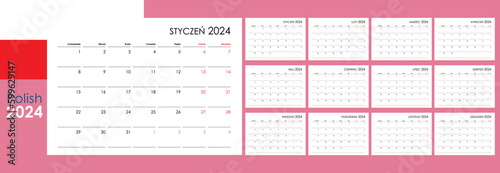 Planner calendar for 2024. Wall organizer, yearly template. One page. Set of 12 months. Polish.