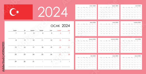 Calendar for 2024 year, organizer planner, 12 boards, months set. Wall layout. Clear template. Turkish language.  photo