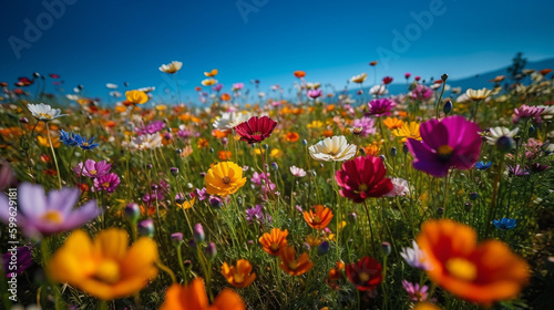 cosmos flowers fields on spring and summer season, with colorful wild flower and natural sunlight background scene