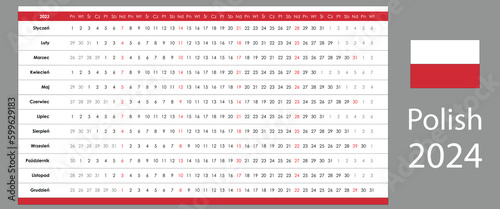 Linear calendar 2024. Horizontal grid with selected sundays. Yearly calendar organizer, planner. Polish and simple template.