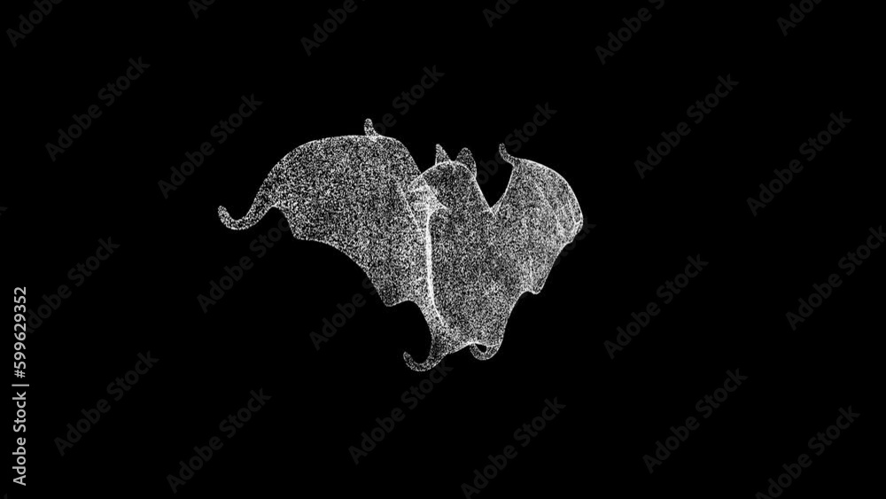 3D bat rotates on black bg. Object dissolved white flickering particles ...