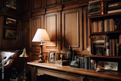 wood-paneled wall with built-in bookshelf and antique lamp, created with generative ai