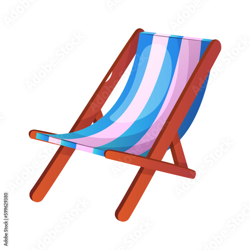 Cartoon wooden collapsible chaise lounge. Swimming pool accessories, tropical resort sticker. Beach party holidays, summer vacation, leisure, recreation, rest item. Vector for banner, poster, menu