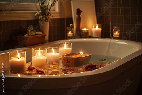 relaxing bath, with candles and aromatherapy oils for soothing experience, created with generative ai
