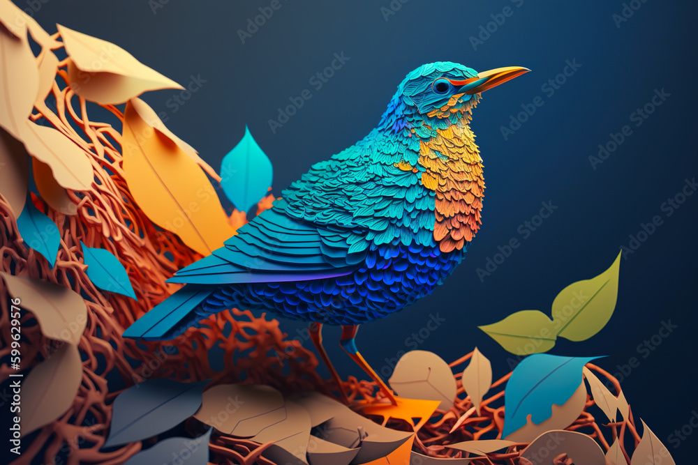 Paper craft of Ukrainian symbol Nightingale bird in yellow-blue colors. Generative AI