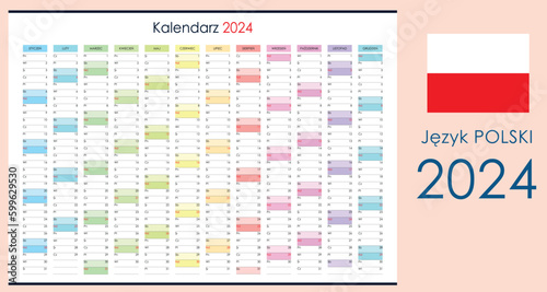 Planner calendar for 2024. Wall organizer, yearly template. One page. Set of 12 months. Polish.