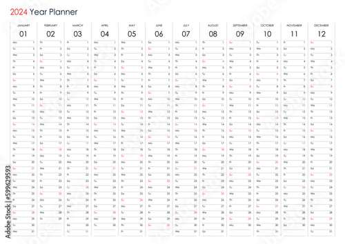 Planner calendar for 2024. Wall organizer, yearly template. One page. Set of 12 months. English
