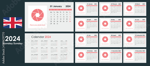 Calendar template 2024. Yearly planner organizer for every day. Week starts on Monday. 