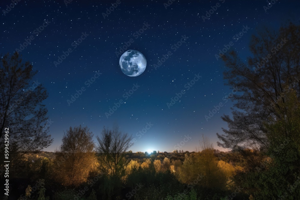 Fototapeta premium clear night sky, with bright harvest moon and twinkling stars, created with generative ai