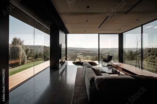 minimalist home, with view of vast natural landscape and open skies, created with generative ai