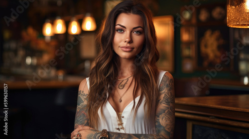 Beautiful tattooed woman is posing for the camera. Generative AI