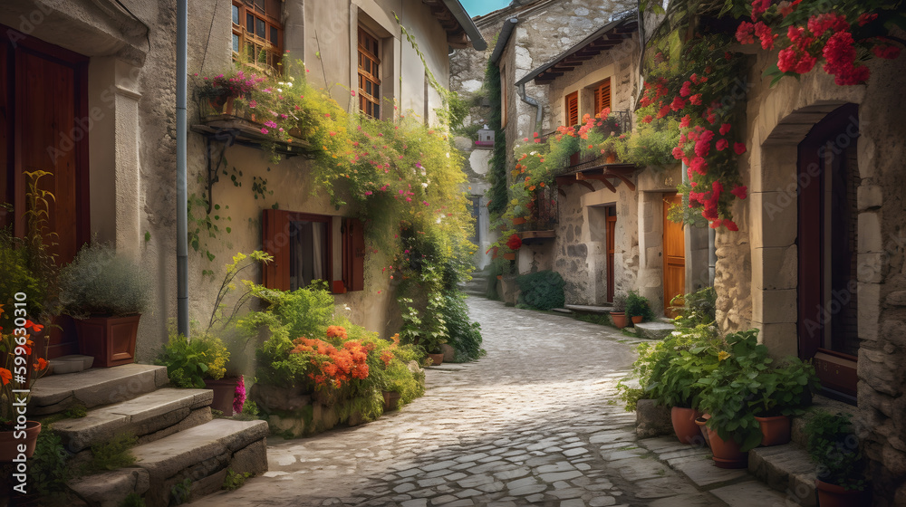 A charming and quaint village street lined with colorful blooming flowers, rustic buildings, and cobbled stone pathways, evoking a sense of warmth and nostalgia.
