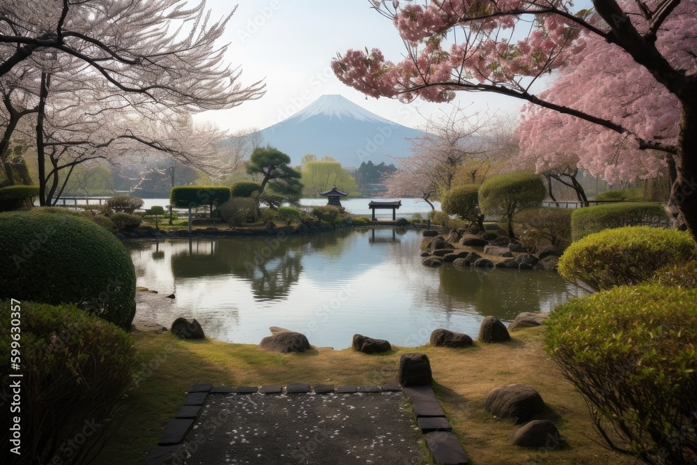 cherry blossom garden, with view of tranquil lake and mountains in the background, created with generative ai