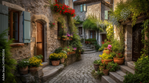 A charming and quaint village street lined with colorful blooming flowers  rustic buildings  and cobbled stone pathways  evoking a sense of warmth and nostalgia.