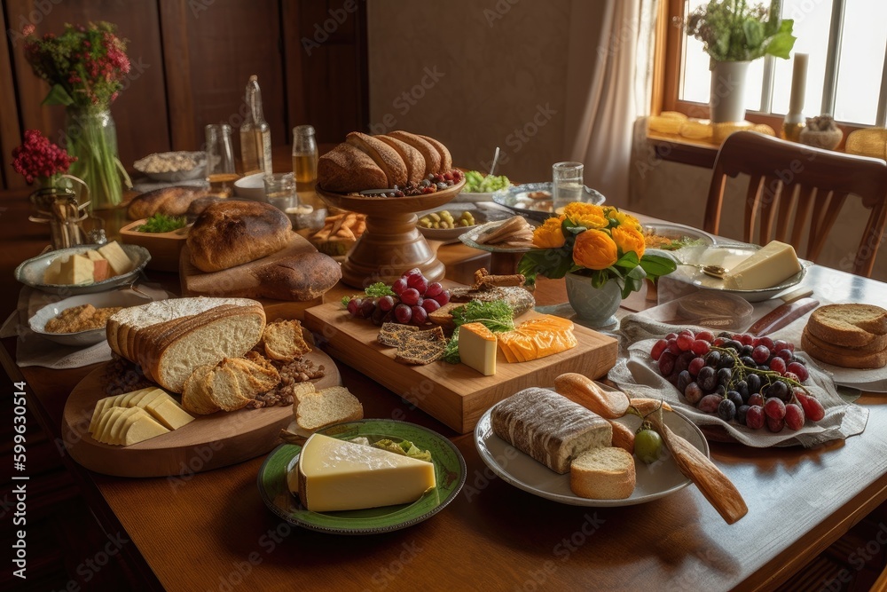 table setting with assortment of artisan breads, cheeses, and spreads, created with generative ai