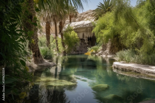 desert oasis with waterfall and greenery visible in the background, created with generative ai