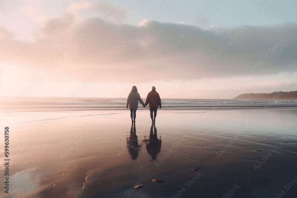 Couple walking on beach while holding hands.