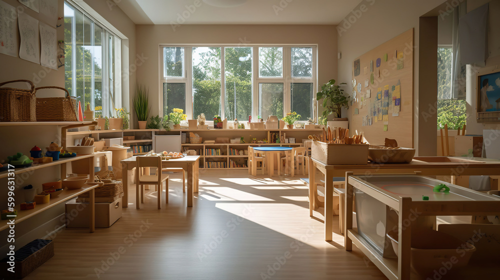 Interior of a montessori kindergarten, Concept of children learning. AI Generative