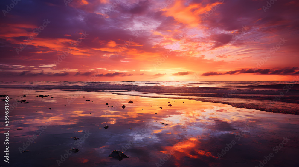 An enchanting sunset over the ocean with the sky ablaze in shades of orange, pink, and purple, reflecting in the calm waters below, creating a breathtaking and peaceful scene.