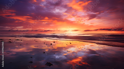 An enchanting sunset over the ocean with the sky ablaze in shades of orange, pink, and purple, reflecting in the calm waters below, creating a breathtaking and peaceful scene. © CanvasPixelDreams