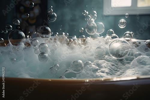 Photo bubbles floating on the surface of a hot bubble bath, with steam rising from the