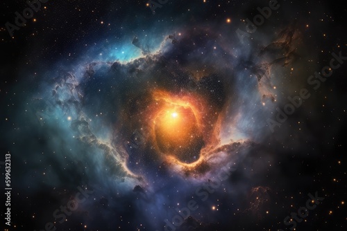 heart-shaped nebula, with a black hole in the center, surrounded by colorful stars, created with generative ai