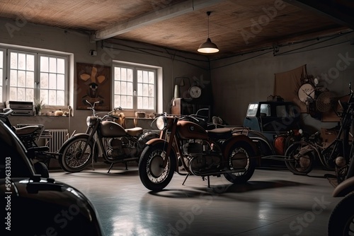 old garage with vintage cars and motorcycles, ready for a day of adventure, created with generative ai