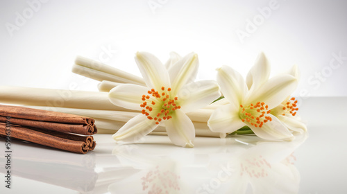 Vanilla and cinnamon sticks and flowers on white background. Ai Generative