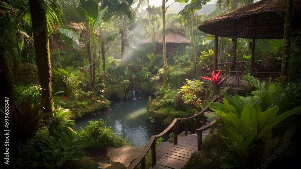 A vibrant and lush tropical rainforest with towering trees, exotic plants, and cascading waterfalls, offering a glimpse into a world of natural wonder and beauty