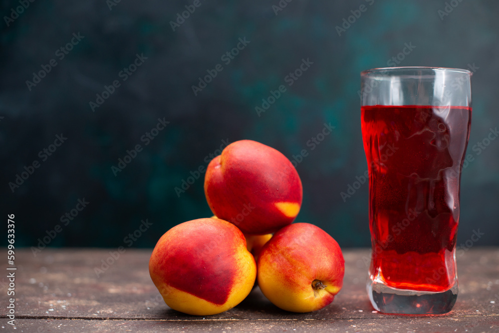 front view fresh peaches with red fruity drink on dark-blue background fruit drink juice mellow fresh - obrazy, fototapety, plakaty 