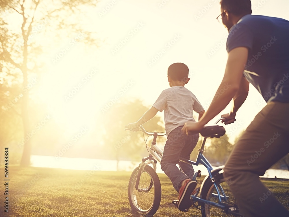Father teaches his son to ride a bike, generative ai