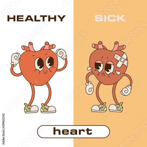 Heart Human Internal Organ Healthy Vs Unhealthy, Medical Anatomic Funny 90s style Retro Cartoon Character. Pair In Comparison Happy Against Sick And Damaged. Contour vector illustration.