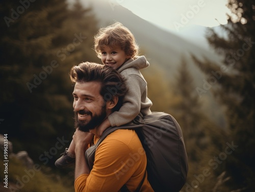 Father holding his son on his shoulders while walking outdoors, Father's Day concept, generative ai