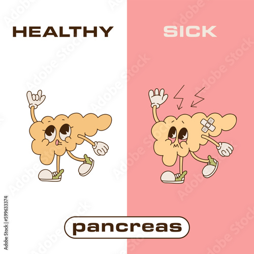 Happy and sad retro cartoon character of pancreas. 90 Drawing style of health and sick pancreas. Isolated contour vector illustration