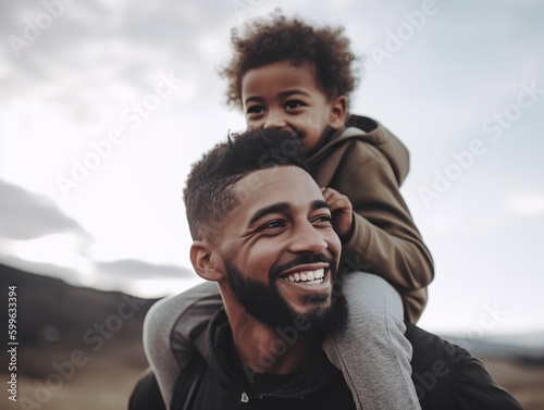 Father holding his son on his shoulders while walking outdoors, Father's Day concept, generative ai