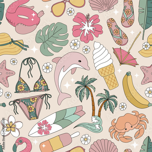 Swimming suit, palms, monstera leaf, sunglasses, surf board, crab, flip flop, flamingo pool float, hibiscus flower vector seamless pattern. Hawaii vacation background. Retro surface design for textile