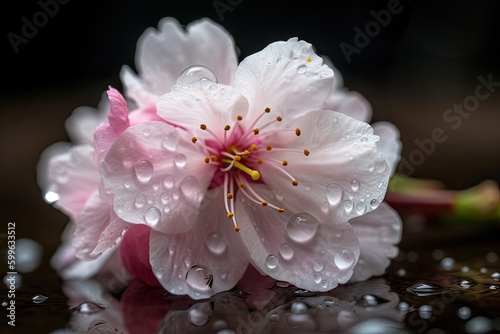 close-up of cherry blossom bloom, with droplets of water visible, created with generative ai