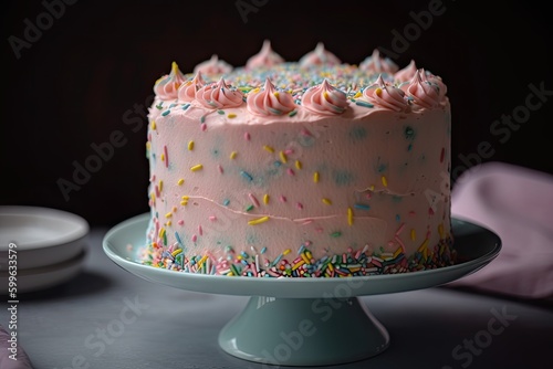 pastel-colored frosting on pink cake with sprinkles, created with generative ai