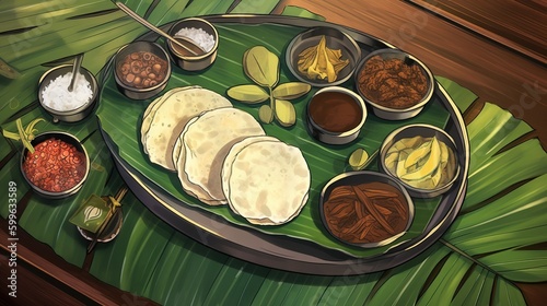 Kerala festival Happy Onam background with traditional food served on banana leaf. ai generated. photo