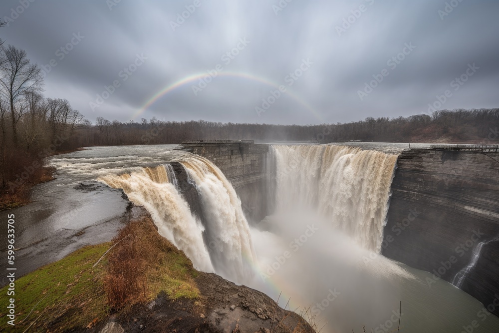 view of waterfall with rainbow, captured during stormy weather, created with generative ai