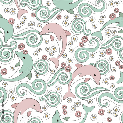 Dolphin and waves vector seamless pattern. Hawaii vacation background. Retro surface design for textile, scrap book 