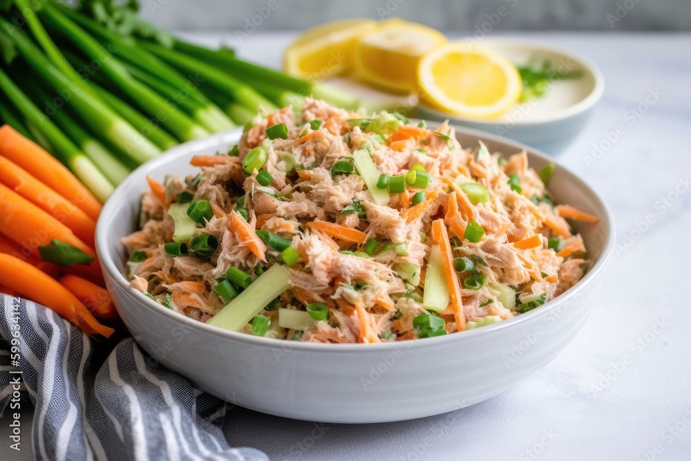 bowl of tuna salad with shredded carrots, scallions, and lemon wedges on the side, created with generative ai bowl of tuna salad with shredded carrots, scallions, and lemon wedges on the side, created with generative ai