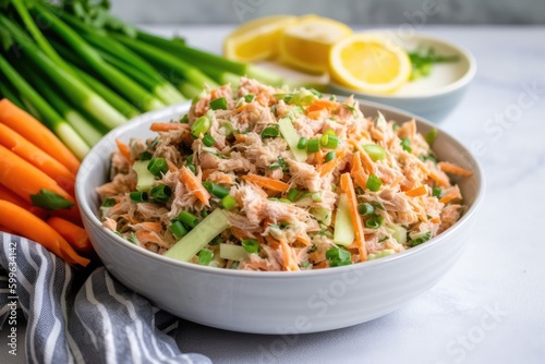 bowl of tuna salad with shredded carrots, scallions, and lemon wedges on the side, created with generative ai