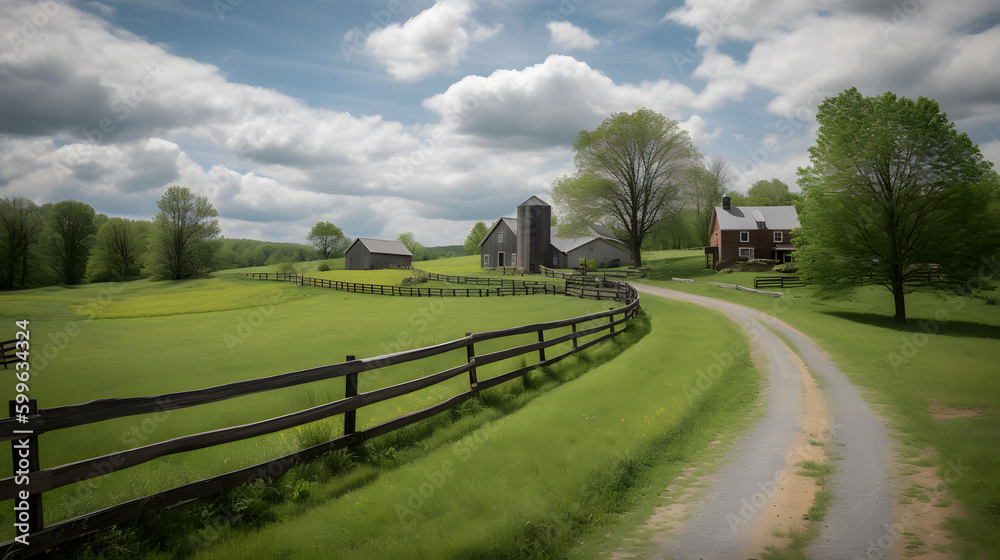 Fototapeta premium A peaceful and serene countryside farm with green pastures, grazing livestock, and traditional barns, radiating the simple pleasures and beauty of rural life