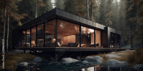 AI Generated. AI Generative. Photo realistic illustraion of modern vintage wood cabin hotel room in dark forest. Romantic couple vacation vibe. Graphic Art