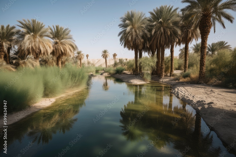 oasis in the dessert, with palm trees and clear water springs, created with generative ai