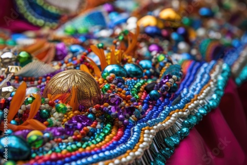close-up of beads and sequins on mardi gras parade costume, created with generative ai