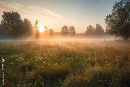 sunrise over misty meadow, with rays of sunshine breaking through the fog, created with generative ai